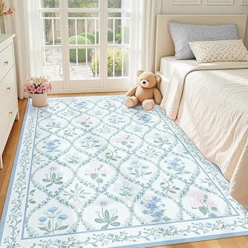 Washable Area Rug 6x9, Boho Blue Floral Rugs for Living Room Bedroom,Soft Ultra-Thin Cute Carpet Non Slip for Girls Room Entryway Playroom Dining Room Home Office,Blue Multi