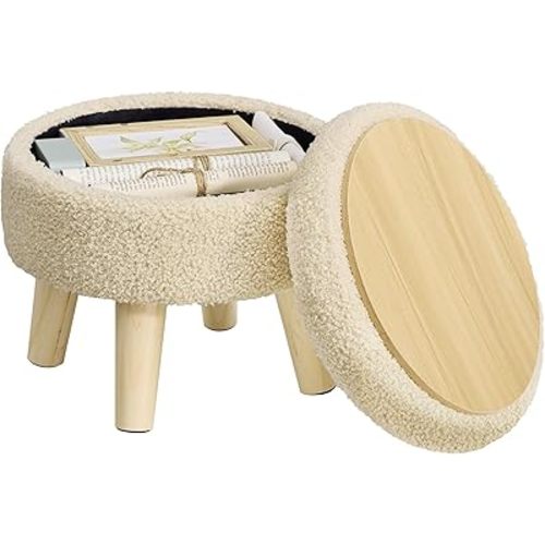 SONGMICS Storage Ottoman, Foot Stool, Round Ottoman with Padded Seat, Foot Rest with Wood Legs, Small Table, for Hallway, Living Room, 12.2 Inches, Teddy Fleece, Summer Sand ULOM515LF01