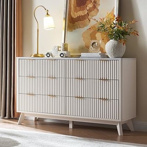 T4TREAM Fluted 6 Drawers Dresser, 54" Wide Modern Chest of Drawers with Faux Marble Top, Curved Profile Design, Dresser TV Stand, Wood Drawer Organizer for Bedroom, Living Room, Hallway, Solid White