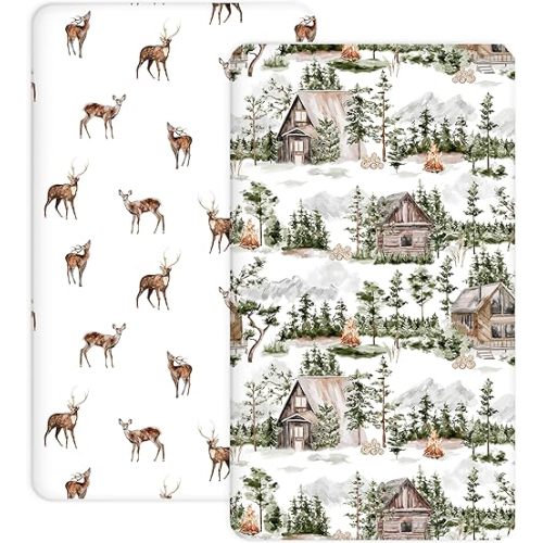 Crib Sheets for Boys and Girls, 2 Pack Fitted Baby Sheets for Standard Toddler Mattress 28" x 52", Soft Breathable Jersey Knit Baby Bedding (Forest Lodge)