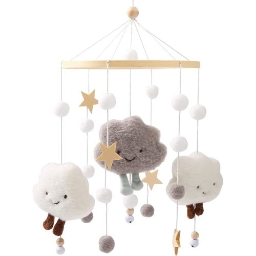 Baby Crib Mobile Wooden Wind Chime Bed Bell,Neutral Baby Crib Mobile,Baby Mobile for Crib,Handmade Baby Mobile,Clouds Baby Ceiling Mobile Baby Nursery Decoration (Grey)