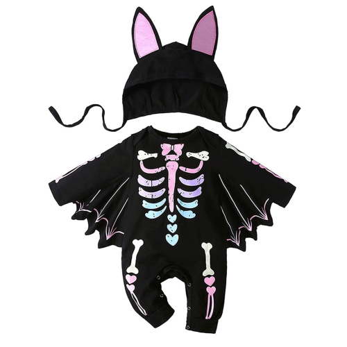 WIBACKER 3M-24M Infant Baby Girls Halloween Dress Up Clothes Bat Wings Romper with Cap Newborn Skeleton Costumes