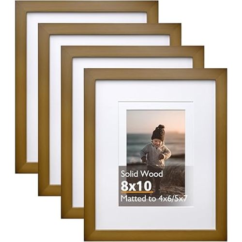 KINLINK 8x10 Picture Frame Brown, Solid Wood Frames with Acrylic Plexiglass for Pictures 4x6/5x7 with Mat or 8x10 without Mat, Tabletop and Wall Display Photo Frame, Set of 4