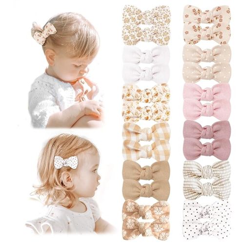 Niceye Baby Hair Clips - 24 Pcs Fully Lined Hair Bow Clips for Fine Hair Cotton Tiny Hair Barrettes for Infants, Toddlers, and Little Girls