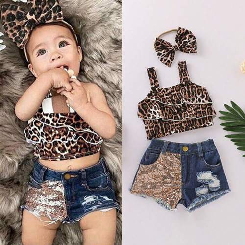 Toddler Baby Girls Denim Shorts Set Summer 3Pieces Outfit Sleeveless Leopard Ruffle Crop Top + Sequin Patchwork Ripped Denim Jeans Shorts + Bowknot Headabnd Set | SHEIN USA
