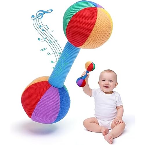 Jollybaby Soft Plush Stuffed Baby Dumbbell Rattle Toys for 0-3-6 Months Newborn, High Contrast Colorful Sensory Rattles Weights Toys for Infant Baby 0-3 Months, Funny Baby Boy Girls Shower Gifts