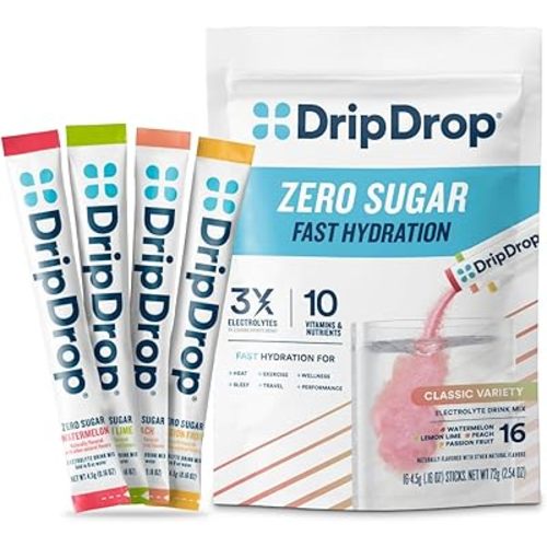 DripDrop Sugar Free Hydration Packets - Zero Classic Variety Pack - Single Serve Electrolytes Powder Drink Mix - Lemon Lime, Watermelon, Peach, Passion Fruit - Non-GMO, Gluten Free, Vegan - 16 Sticks