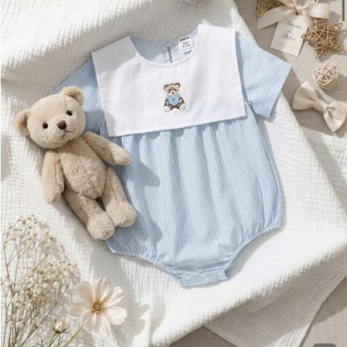 Souflis Souflis Baby Boy's Woven Bear Print Striped Short Sleeve Romper, Suitable For Gatherings In Summer | SHEIN USA