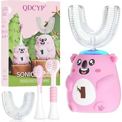 Kids U Shaped Electric Toothbrush, Automatic 360° Sonic Cleaning, 6 Modes, 4 Brush Heads, Cute Cartoon Koala Design (2-6 Age (Pink))