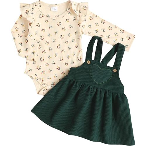 Kucnuzki Newborn Baby Girl Clothes Toddler Long Sleeve Ruffle Romper Top Infant Skirt Set Little Girl Overall Dress