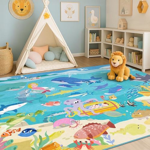Blue Ocean Themed Rug for Kids Room – 5x8 Underwater Play Mat with Sea Creatures & Mermaid, Washable Non Slip Crawling Carpet for Bedroom or Playroom