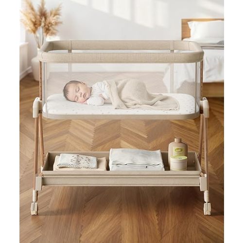 Fodoss Baby Bassinets Bedside Sleeper - 3-in-1 Stable Bassinet for Newborns | Soft Mattress, Storage Tray, Full-Mesh Sides, 7-Height Adjustable Bassinet Crib with Wheels, Side Pocket, Beige + Wood Grain