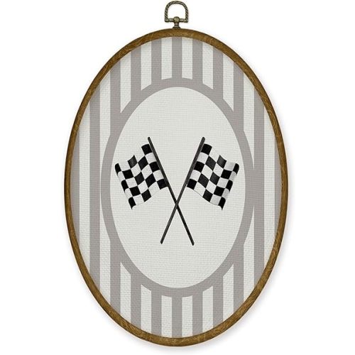 JMENGSSFL Racing Boy Nursery Oval Wall Art Decor, Black and White Racing Flag Canvas Prints, Checkered Flag Nursery Vehicle Framed Wall Art for Kids Boy Toddler Room Playroom Decor, 8.6x11.4 Inch