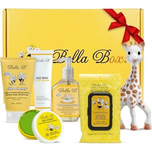 BELLA B Baby Shower Gift Set with Sophie La Girafe, Natural Skincare Box Collection for Mom & Baby | Pregnancy Gift Set for Mom | Complete Self-Care & Baby Care