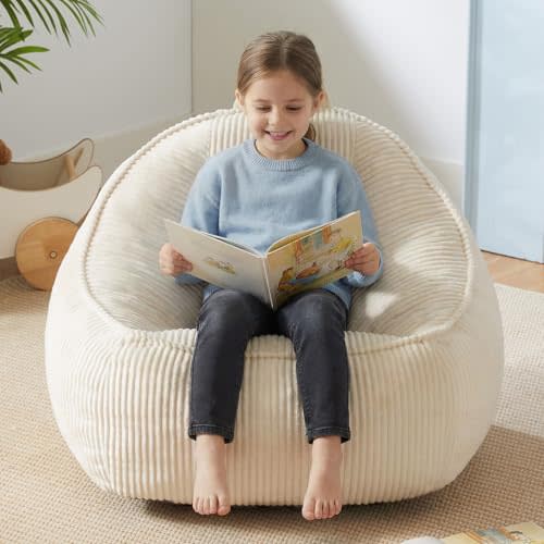 HUGHEAVEN Bean Bag Chair for Kids, Soft Bean Bag Seat for Reading, Beige | Comfy Kids Bean Bag Chair, Cozy Chair & Stuffed Floor Sofa for Boys and Girls, Floor Chair for Gaming, Lounging & TV