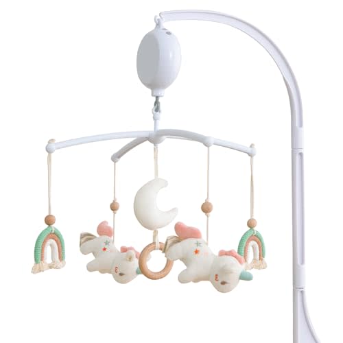 Crib Mobile 35 Lullaby Music, Cotton Baby Mobiles for Cribs & Pack N Play, Easy to Install, Stuffed Animals Hanging Toys Newborn Boys & Girls,Unicorn