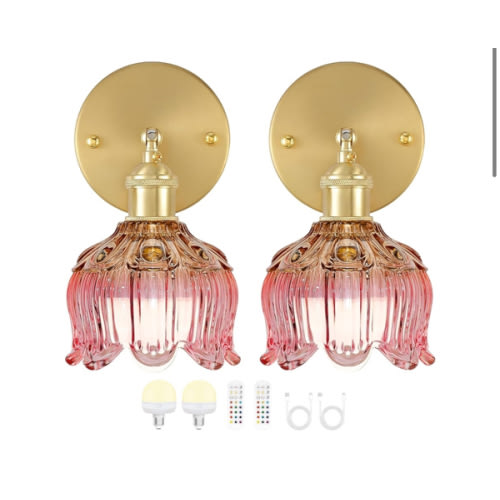 Vintage Battery Wall Sconce with Flower lampshade,Rechargeable Battery Powered Wall Lights,Wall lamp with 15 Colors for Bedroom Living Room Home Decor (Flower Pink, 2 Light Battery Operated)