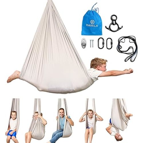 Harkla Sensory Swing for Kids & Adults - Holds 300lbs, Indoor Outdoor Sensory Swing for Hug Like Calming Effect - Double Layered Soft Fabric and Heavy Duty Hardware (Grey, 110" Swing)