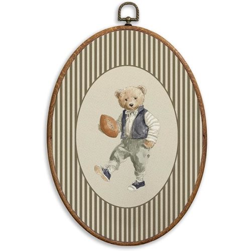 SONMYSULIL Vintage Football Bear Wall Art Decor, Sports Nursery Oval Wall Hanging Decor, Neutral Striped Football Bear Framed Canvas Prints for Home Kids Boys Nursery Room Bedroom Playroom, 8.6x11.4 Inch