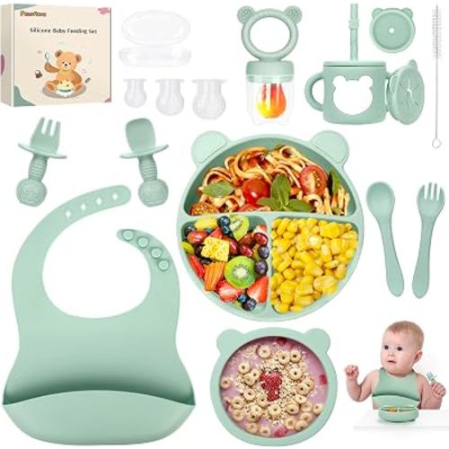 PERRYHOME 17-Piece Silicone Baby Feeding Set, Baby Led Weaning Feeding Supplies for Toddlers, Kids Suction Silicone Plates and Bowls Set for Baby Gift (Green)