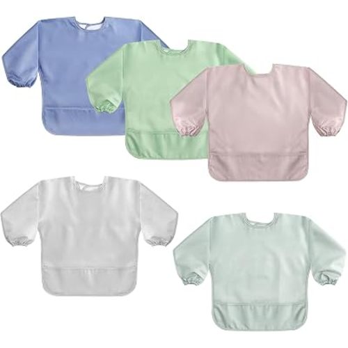 POIKSHARK Long Sleeve Bib, Waterproof Sleeved Smock for Baby Boy or Girl, Reusable Bib with Pocket