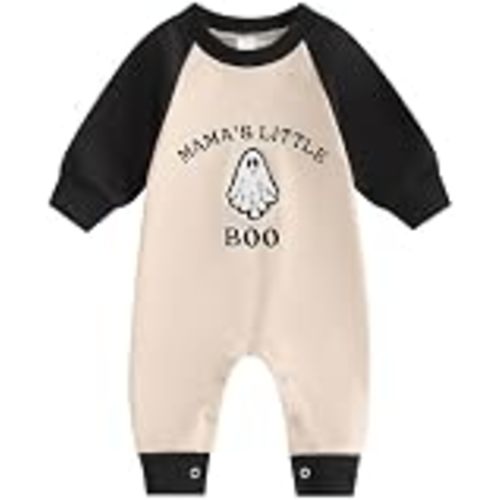 Newborn Baby Boy Halloween Outfit Mamas Little Boo Embroidery Romper Long Sleeve Ghost Bodysuit Jumpsuit 0-18M