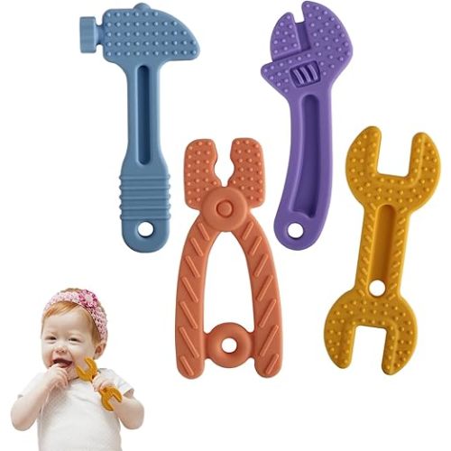 Chuya Baby Teether Toys, Soft Silicone BPA-Free Baby Chew Toy for Babies 3-12 Months, Baby Teething Toys for Infant Toddlers, Baby Gift Set, Hammer Wrench Set, Easy To Hold & Clean (4 Pack)