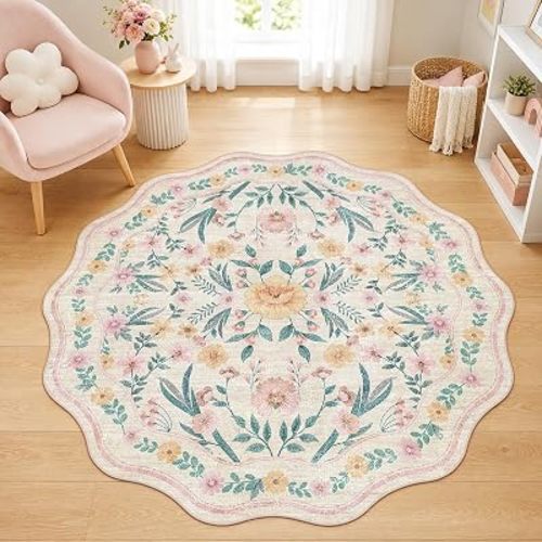 Round Floral Rug 6ft, Washable Non Slip Rug Fof Living Room,Pink