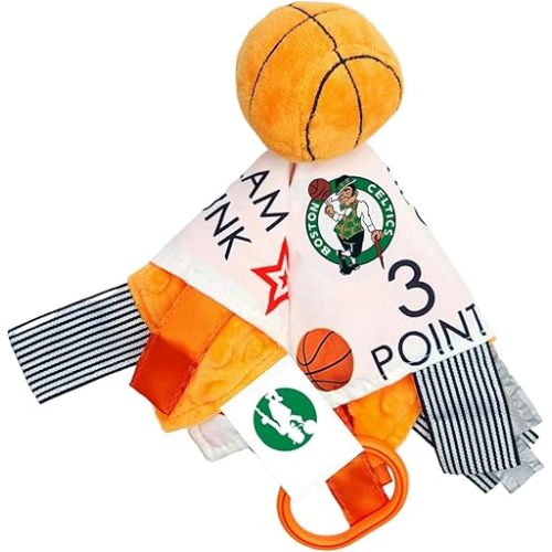The Learning Lovey Boston Celtics Baby Tag Toy - NBA Basketball - Baby Sensory Crinkle Toys - Soft & Safe - Ideal Baby Stroller Toy - BPA Free w/Stroller Clip (10 x 10 Basketball Toy)