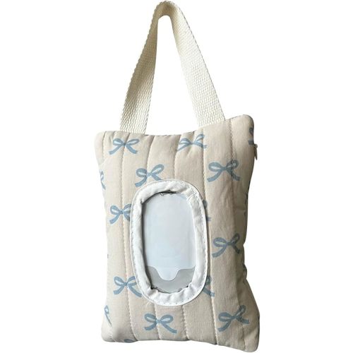 Quilted Baby Wipes Dispenser Bow Hanging Wet Wipe Pouch Portable Diaper Wipe Holder for Travel Stroller (Blue)