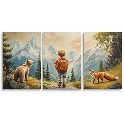 Explorers' Escape Framed Canvas Art Set of 3, Boy's Adventure with Bear & Fox Prints, Mountainous Landscape Kids Room Decor, Woodland Animal Wall Art for Children's Nursery, Framed 12"x16"