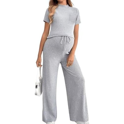 OYOANGLE Women's Maternity Lounge Set 2 Piece Ribbed Knit Short Sleeve Top and Pants Pajama Set Sleepwear