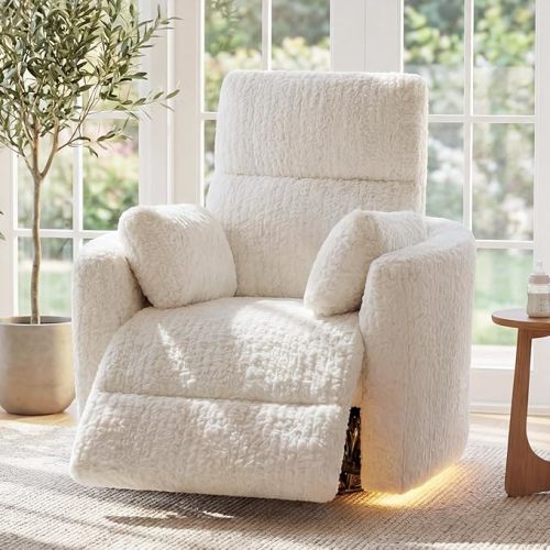 Power Swivel Rocker Recliner for Adults, Large Glider Rocking Chair w/ 2 Pillows, USB and Type-C Ports, Night Light, Fluffy Plush Nursery Chair for Living Room, Bedroom,Nursery, Beige