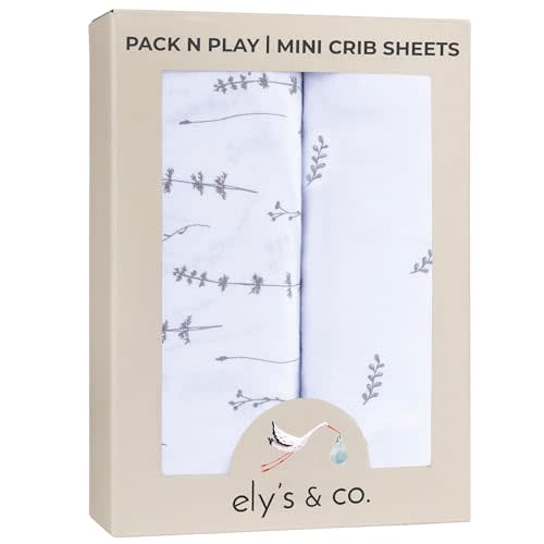 Ely’s & Co. Pack and Play Sheets, for Mini/Portable Crib, 2 Pack Fitted Playpen Play Yard Sheet Set Compatible with Graco Pack n Play, for Baby Boys/Girls, 100% Cotton, Forest Grey Floral, 38”x24”x5”