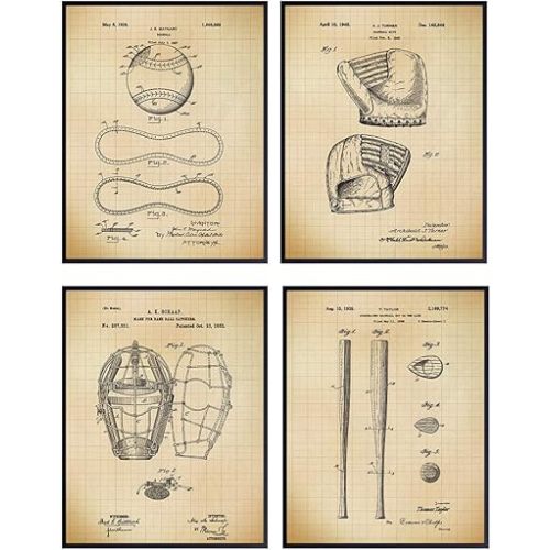 Baseball Patent Art Prints - Vintage Retro Wall Art Poster Set - Chic Contemporary Home Decor for Boys, Teens, Game, Kids Room, Den, Office - Great Gift for Men, Boys - Four 8x10 Photos - Unframed