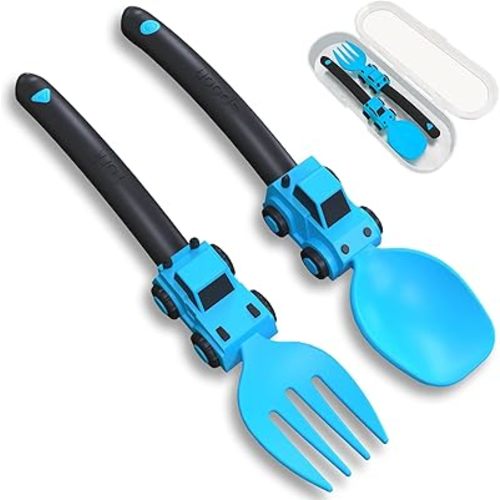 Construction Toddler Utensils - Toddler Forks and Spoons - Kids Construction Truck Utensils - Forks and Spoons Silverware Set - Christmas Birthday Gift for 1 2 3 4 5 year old, Blue
