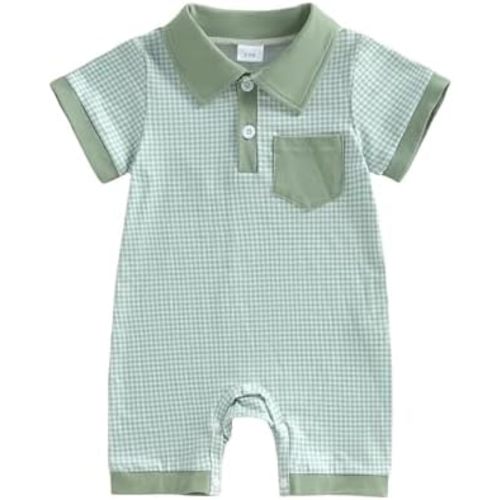 FOCUSNORM Newborn Baby Boy Summer Clothes Short Sleeve Lapel Jumpsuit Collar Plaid Romper Onesie Cute Infant Baby Boy Outfit