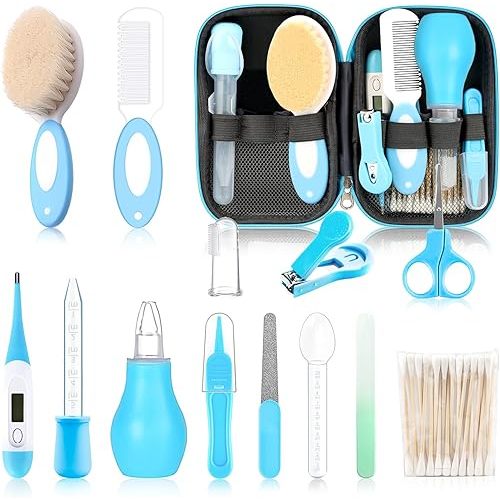 Baby Grooming Kit，Infant Safety Care Setwith Hair Brush Comb Nail Clipper Nasal Aspirator, Baby Essentials Kit for Newborn Girls Boys (14 PC-Blue Kit)