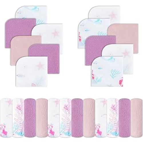 Viviland Baby Washcloths, Super Soft Baby Bath Towels for Newborn 24 Pack, Absorbent Face & Body Wash Cloth for Baby Girl, Mermaid Pattern, 9 x 9 inch
