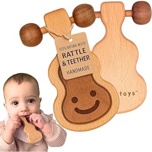 HippoToys Baby Teether – USA’s First Real Natural Wooden Teething Toys for Babies 0–18 Months – Calm Wooden Rattle – No Paint No Plastic No Toxins - Safe Baby Gift
