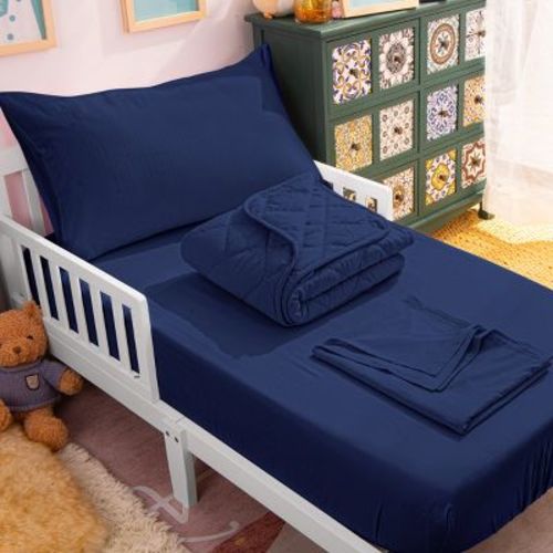 4 Piece Toddler Bedding Set, Soft Crib Bedding Set, Includes Quilted Comforter, Fitted Sheet, Flat Sheet and Pillowcase, Navy Blue - NTBAY
