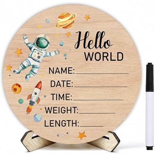 Baby Announcement Sign Space Themed Wooden Hello World Sign 5.9 Inch
