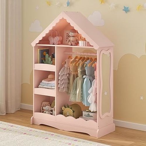 Curipeer Dollhouse Kids Dress Up Storage with Full-Length Mirror & Touch Activated Light, Open Hanging Kids Wardrobe Closet, Toddler Dress up Rack, Armoire Costume Organizer for Bedroom, Pink