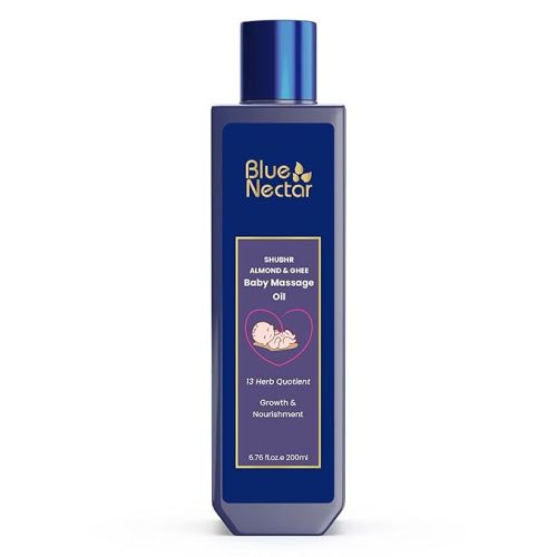Blue Nectar Ayurveda Gentle Baby Oil for Newborn Skin Care | 100% Natural Moisturizing Coconut Oil, Organic Ghee & Almond Oil for Baby Massage (13 Herbs, 6.76 Fl Oz)