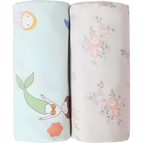 OWLOWLA Muslin Swaddle Blankets for Baby Boys Girls,2 Pack Baby Swaddle Blanket 45x45 Inches,Muslin Cotton Receiving Blanket Wrap for Unisex Newborn(Gray Floral&Mermaid)