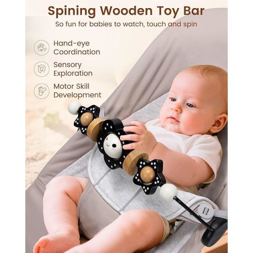 TinlyFinly Baby Bouncer Toy Bar Wooden Compatible with Baby Bjorn Bouncers, Bouncer Toy Attachment Tight and Secure Fit, So Fun to Watch, Touch and Spin for Babies All Ages (Black and White Flower)