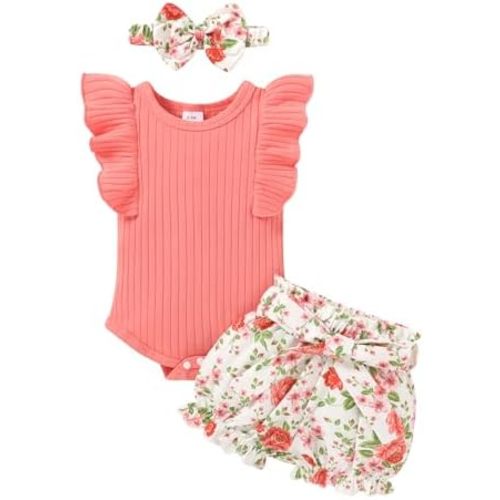 Tiny Cutey Baby Girl Clothes Infant Summer Outfits Set Ruffle Sleeve Romper and Floral Shorts with Headband