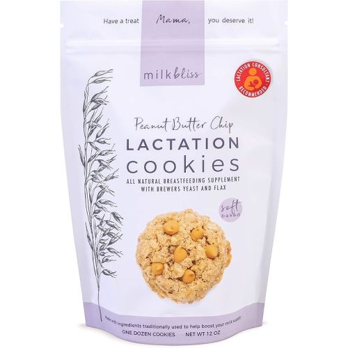 MilkBliss Peanut Butter Chip Soft Baked Lactation Cookies for Breastfeeding, All Natural and GMO Free Lactation Boosting Ingredients! Oats, Flaxseed, Brewers Yeast. 12 Count.