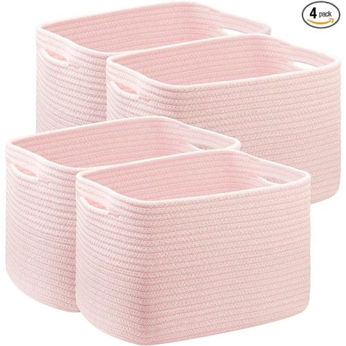 Pink Storage Bins 4 Pack Basket for Shelves Pink Rope Basket for Baby Nursery Organization 12.7"Lx9"Wx7.9"H