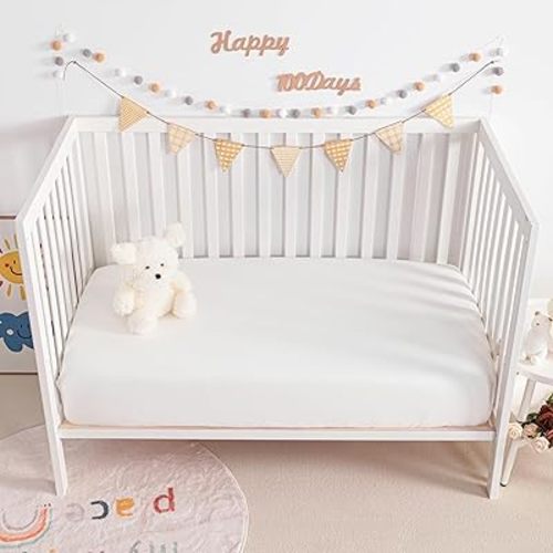 2 Pack Muslin Cotton Crib Sheets 28x52, Soft and Breathable Double Layer Baby Crib Fitted Sheets for Standard Crib and Toddler Mattress, Boys Girls Unisex, White